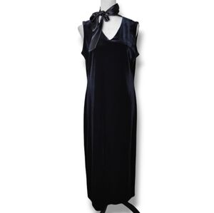 Vintage Velour Scarf-Tie Neck Evening Gown Sz 12 Black Split Hem LBD 90s